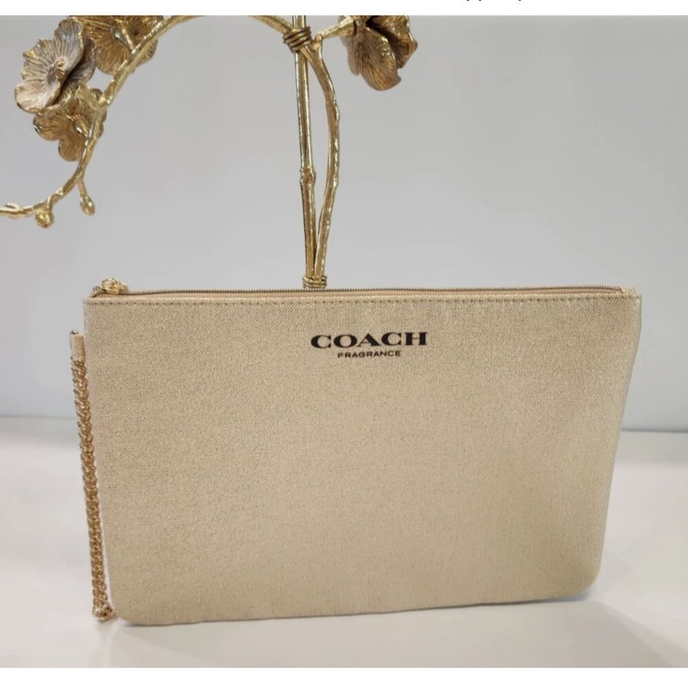 COACH Fragrance Gold Shimmer Logo Evening Pouch Bag with gold chain NEW